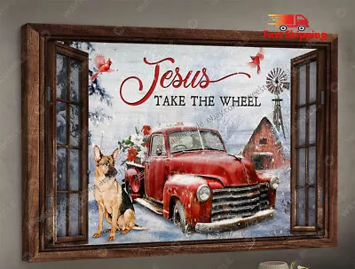 Vintage Car Poinsettia Flower German Shepherd Dog Jesus Take The Wheel - J... • $14.62