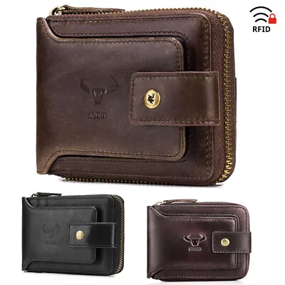 Mens Genuine Leather Zipper Wallet RFID Blocking Bifold Zip Around Card Holder • $19.99
