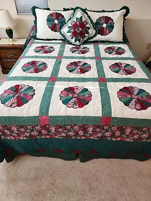 Queen Size Quilted Comforter/Bed Skirt/Pillow Shams Toss Pillow Hand Crafted • $45