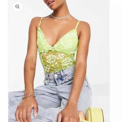 Miss Selfridge Petite Lace Bodysuit In Lime • £9.99