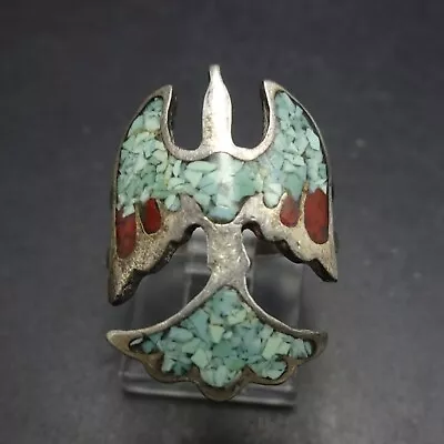 Vintage Sterling Silver TURQUOISE CORAL Chip Inlay THUNDERBIRD RING  Size 5 • $99