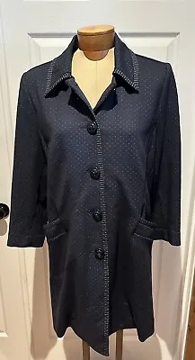 CAbi Lido Navy Blue Ponte Knit Front Button Long Blazer Jacket Dots Sz L • $26.95