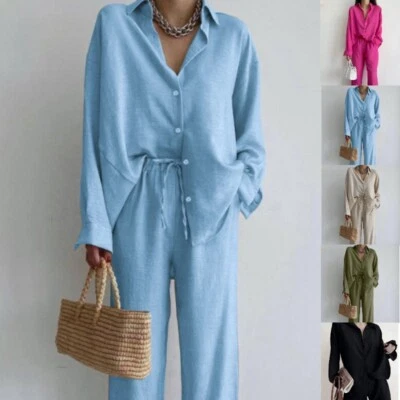 £13.99 • Buy 2Pcs Women T-shirt Pants Suit Lounge Wear Long Sleeve Button Tops Trouser Outfit