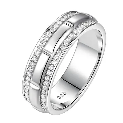 6.6MM Men Promise Rings Comfort Fit Wedding Bands Sterling Silver Double Row CZ • $35.99