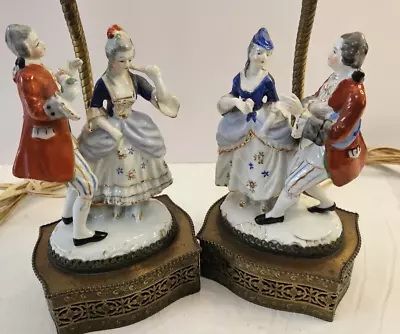 Antique French Porcelain Figural Man And Woman Brass Musician Lamp Set 13  • $49.99