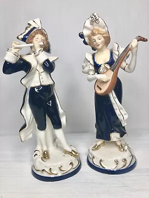 Moriyama Porcelain Figurines Set Of 2 Victorian Cobalt White Gold RARE Japan  • $44.97