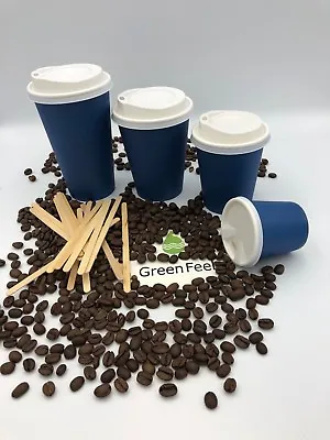 8oz 12oz Coffee Tea PARTY BLUE PAPER CUPS Disposable LIDS Cold Hot Drinks X 200 • £3.49