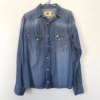 Larry Mahan Shirt Mens Large Denim Blue Pearl Snap Western Indie Hipster • $24