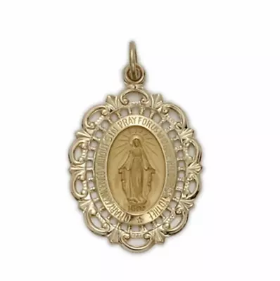 14k Gold Oval Filigree Miraculous Medal Polished Border Finish Necklace • $499.99