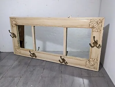 Vintage French Provincial Shabby Chic Cream 3-Panel Wall Mirror W Coat Hooks • $225