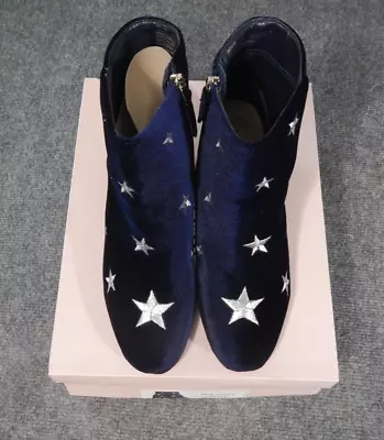 $39.24 • Buy Just Fab Jancita Bootie Size 7.5 Blue Velvet Embroidered Silver Stars USA Print