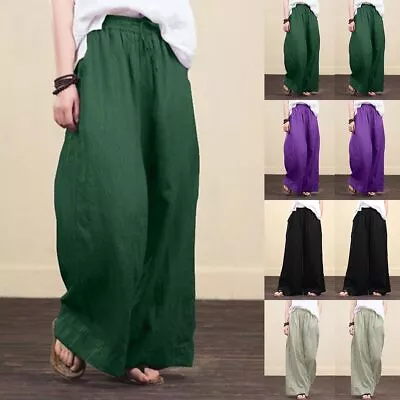 Women's Cotton Linen High Waist Flare Pants Culotte Palazzo Wide Leg Trousers US • $21.59