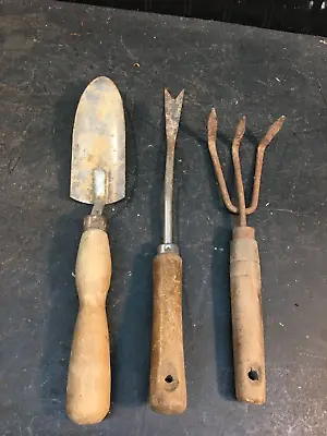 Vintage 3pc  Garden Tools Set  Bulb Tool   3 Tine Rake   Shovel  Wood Handle • $31.50