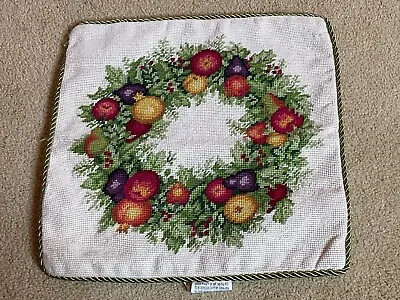 NEW Handmade Wool Needlepoint Throw Pillow Cover Fruit Harvest Wreath Green 16  • £77.10