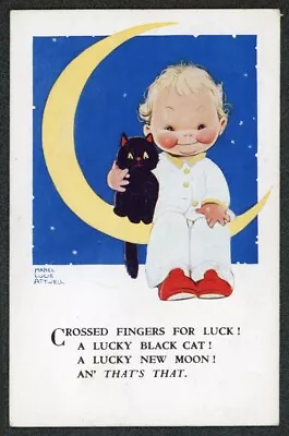 Mabel Lucie Attwell Children’s Artist Crossed Fingers For Luck Moon Black Cat • £6