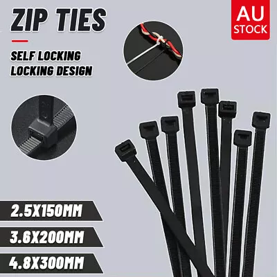 Cable Ties Zip Ties Nylon UV Stabilised 100/200/500/1000pcs Bulk Black Cable Tie • $10.99