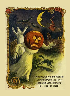 Halloween Witch Black Cat Bat Ghost Goblins Scary Vintage Poster Repro FREE S/H • $17.90