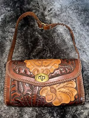 Vintage Hand Tooled Leather Purse Western Purse 50's 60's Brass Red Lining • $44.96