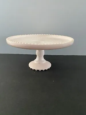 Vintage Jeanette Cake Plate Stand Shell Pink Milk Glass Pedestal Beaded Edge 10  • $71.88