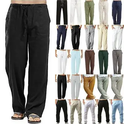 $20.23 • Buy Mens Linen Loose Pants Elastic Waist Summer Casual Beach Yoga Trousers Holiday