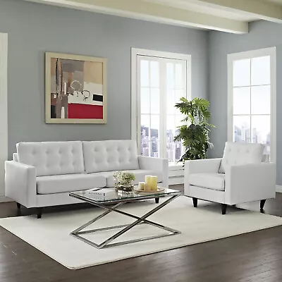 Modway 2PC Mid-Century Modern Tufted Leather Sofa And Armchair Set In White • $1517.66