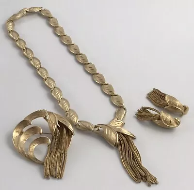 Vtg Brushed Gold Tone Leaf Tassel Earrings Brooch Necklace Jewelry Set. #1115 • $127.46