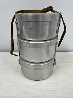 Vintage Military Aluminum  Cooking Pot Set Of 3 W/lids And Partial Leather Strap • $65