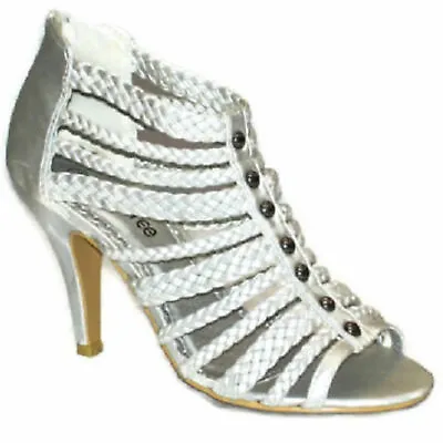 £9.99 • Buy Womens Silver Lady Plaited Strappy High Heel Party Evening Sandal Uk Size F-488