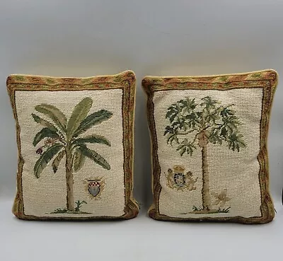 2 Vintage Palm Tree Needlepoint Pillows With Amorial Crest READ • $49