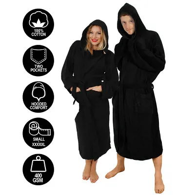 £18.99 • Buy Black Hooded Bathrobe 100% Cotton Heavy Towel Unisex Hospital Gown Robe S-xxxxl
