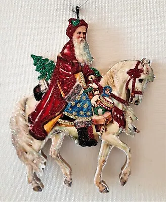 VICTORIAN SANTA On WHITE HORSE * Glitter CHRISTMAS ORNAMENT * Vtg Img • $10.50