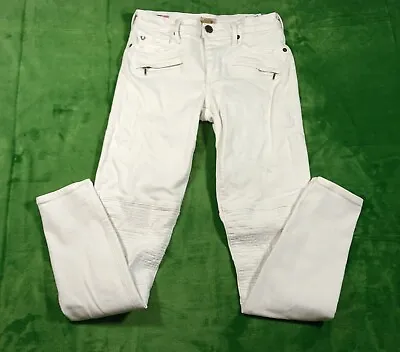 True Religion Halle Moto Jeans Size 27 Mid Rise Super Skinny White Distressed • $15.99