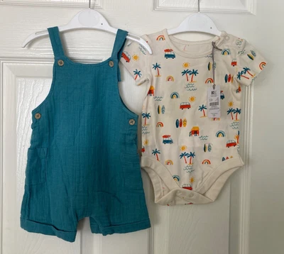 £9 • Buy NEW TU Baby Teal Bibshorts & Cream Bodysuit Outfit Sizes 1 Month & 0-3 Months