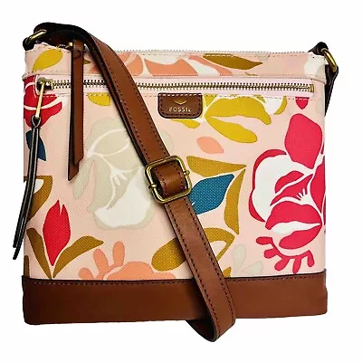 Fossil Crossbody Flowers Floral Spring Brown Faux Leather PVC Pastel Pink • $15
