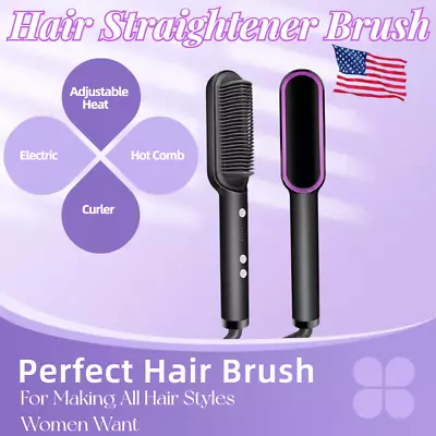 Hair Straightener Brush -Curler Hot Comb Electric Adjustable Heat • $10.01