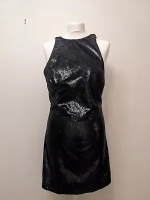 ZARA Shimmery Velvet Dress Size Medium Womens Black Halter Neck Mini Open Back • £34.99