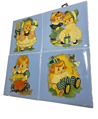 Four Vintage Nursery Rhyme Ceramic Decorative Tiles ~ 1940s 1950s • $26.97