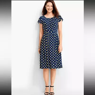 Talbots Navy Blue Yellow White Polka Dot Print Fit N Flare Midi Dress. Size 8. • $38