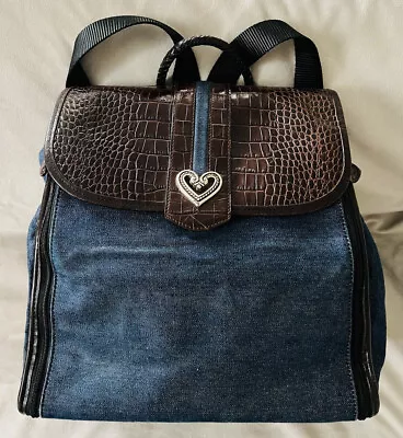 BRIGHTON Women’s VINTAGE Large BACKPACK Croc LEATHER DENIM Silver Hardware • $49.37