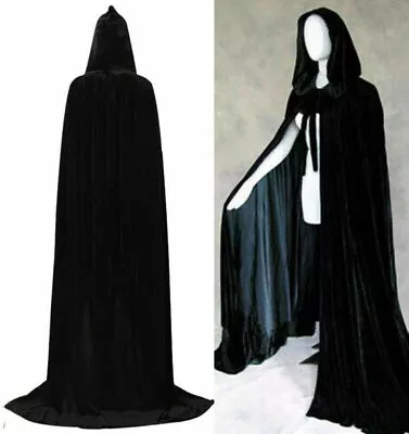 Velvet Hooded Cloak Medieval Pagan Witch Vampire Cape Halloween Fancy Dress UK • £15.09