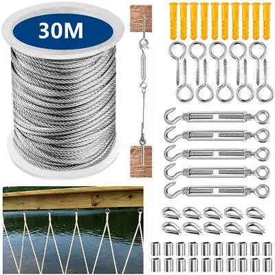 £24.69 • Buy 30M Steel Wire Rope PVC Coated Cable Hooks Hanging Kit Railing Roll Clothesline