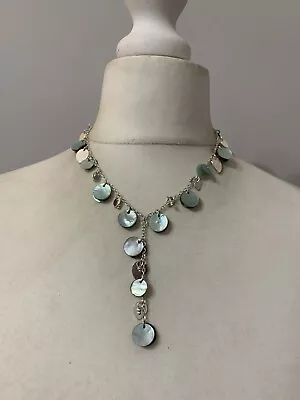 M&S Silver Toned Collar Length Disc Shell Beaded YDrop Necklace  (JB21) • £1.99