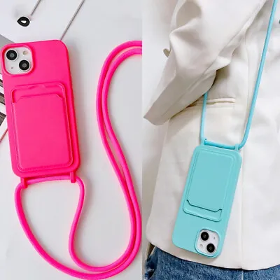 For IPhone 15 14 Pro Max 13 12 11 Card Holder Silicone Neck Lanyard Case Cover • £6.47