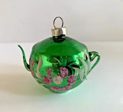 Antique Mercury Glass Green Teapot Hand Painted Flowers Christmas Ornament • $50