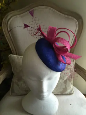 Gorgeous Royal Blue Round Fascinator With Magenta Loops Feathers And Netting.  • £52.70