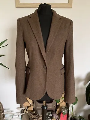 ZARA Brown Herringbone Wool Hacking Jacket Blazer Elbow Patches - Size Medium • £39.99