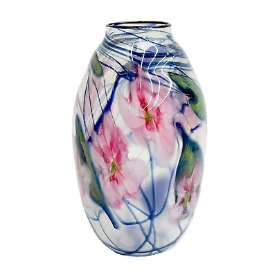 Charles Lotton Multi Flora Art Glass Vase 11.5 Inches Pink Flowers Signed • $1560