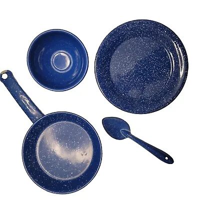  ENAMELWARE GRANITEWARE CAMPWARE BLUE SPLATTER   LOT OF 4 Plate Bowl Pan Spoon • $19.99
