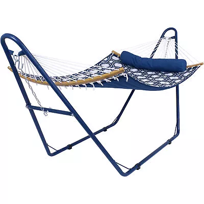 2-Person Quilted Fabric Hammock With Blue Steel Stand - Navy/Gray By Sunnydaze • $209