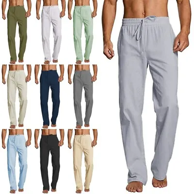 $21.86 • Buy Mens Pants Loose Linen Straight Pants Elastic Waist Casual Trousers Streetwear